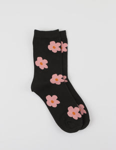 Black + Pink Flowers Socks